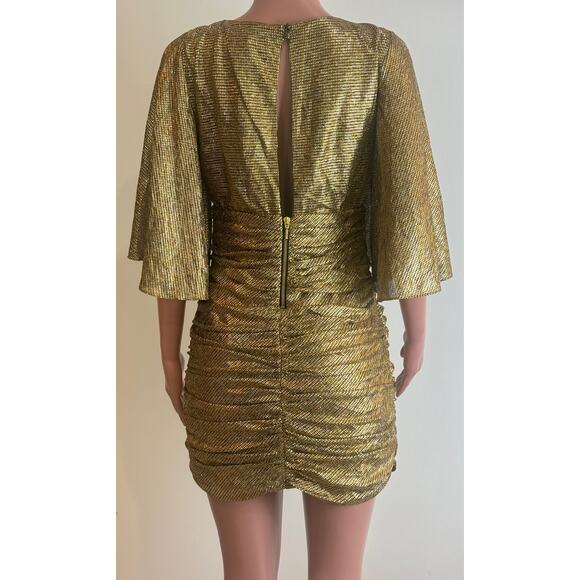 Shona Joy Cleo Circle Sleeve Ruched Mini Dress Womens 8 Gold Metallic Crepe - Picture 6 of 16